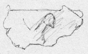 Kleines Fragment eines Blechs. Von der Darstellung erhalten ein Teil einer sitzenden Sphinx (?)