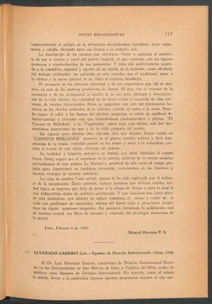 Alvarado Garrido, Luis: "Apuntes de Derecho Internacional", Lima, 1940