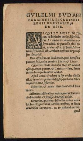 Guilelmi Budaei Parisiensis, Secretarii Regii Breviarium De Asse.