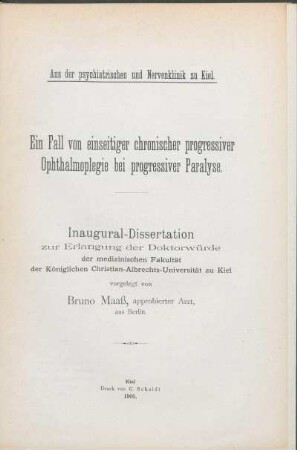Ein Fall von einseitiger chronischer progressiver Ophthalmoplegie bei progressiver Paralyse