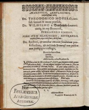Magnificis, Amplissimis [...] Dn. Theodorico Hoyero [...] Dn. Wilhelmo a Bentheimb [...]