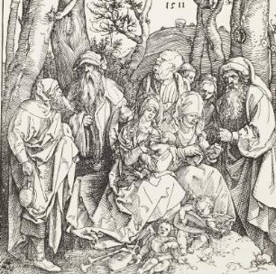 Die heilige Sippe mit zwei musizierenden Engelknaben : Dürer, Albrecht: Die heilige Sippe mit zwei musizierenden Engelknaben. 1511. Holzschnitt; 21,2 x 21,6 cm. Dresden: Kupferstich-Kabinett A 955