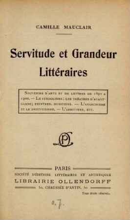 Servitude et grandeur littéraires