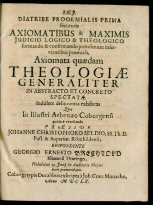 Diatribe Prooemialis Prima ...