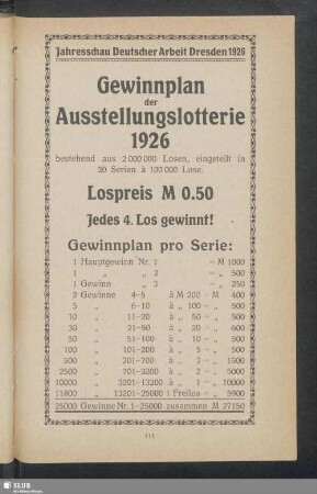 Gewinnplan der Ausstellungslotterie 1926