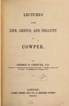 Lectures on the Life, genius, and Insanity of Cowper