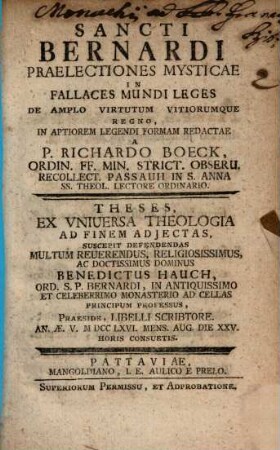 Sancti Bernardi Praelectiones Mysticae In Fallaces Mundi Leges De Amplo Virtutum Vitiorumque Regno