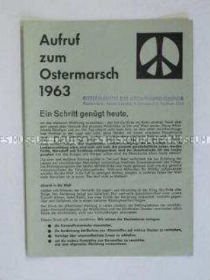 Propagandaschrift der Kampagne für Abrüstung zu den Ostermärschen 1964 mit einer Liste der Unterzeichner des Aufrufes und dem Ablaufplan