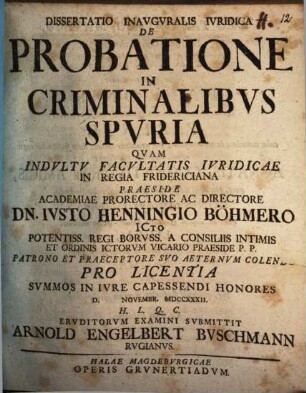 Dissertatio Inavgvralis Ivridica De Probatione In Criminalibvs Spvria