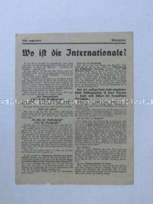 Propagandaflugblatt der Deutschen Erneuerungsgemeinde mit Polemik gegen die nationalistische Politik der sozialistischen Regierungen in Frankreich, Großbritannien und der Sowjetunion