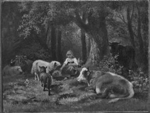 Hirtin mit Vieh auf der Waldlichtung