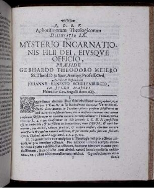 Aphorismorum Theologicorum Disputatio IX. De Mysterio Incarnationis Filii Dei, Eiusque Officio
