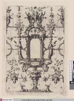 [Ornamentfüllung mit Grotesken und zwei Kartuschen; Surface Decoration, Grotesque with Strapwork, including two Cartouches]