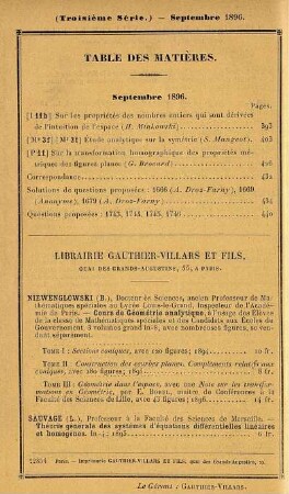 Table des matières. Septembre 1896.