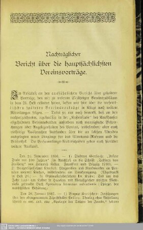 Nachträglicher Bericht über die letztjährigen hauptsächlichen Vereinsvorträge
