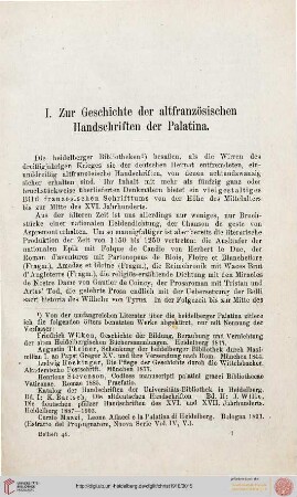 I: Zur Geschichte der altfranzösischen Handschriften der Palatina