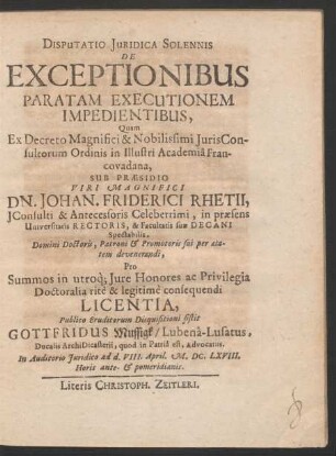 Disputatio Iuridica Solennis De Exceptionibus Paratam Executionem Impedientibus