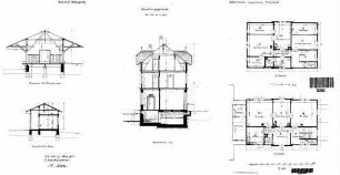 Schwendi: Empfangsgebäude mit Anbau Güterschuppen Grundrisse 1.OG,DG,Querschnitte