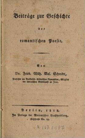 Beiträge zur Geschichte der romantischen Poesie