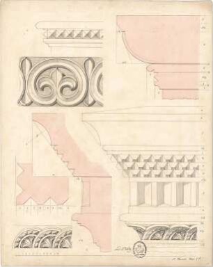 Thiersch, August ; Studienarbeiten - Gesims - Ornamente (Details); Gesimsprofile (Ansichten, Schnitte)