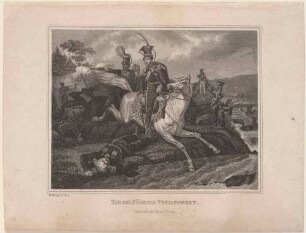 Der Tod des Fürsten und Heerführers Józef Antoni Poniatowski in der Völkerschlacht am 19. Oktober 1813 durch Ertrinken in der Weißen Elster in Richters Garten im Nordwesten von Leipzig, nach einem Gemälde von Horace Vernet