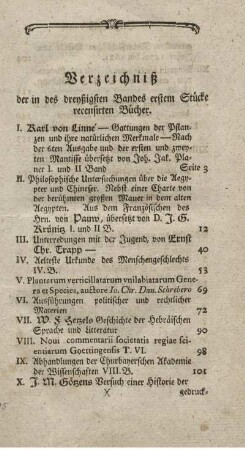 Verzeichniß der in des dreyßigsten Bandes erstem Stücke recensirten Bücher.