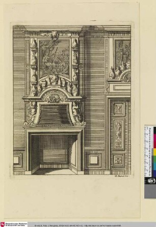 [Nouveaux Lievre de Cheminées a la Hollandoise; Kamin, darüber mehrere Vasen]