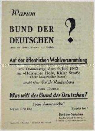 Programmatisches Flugblatt des Bundes der Deutschen für deutsche Einheit, gegen Remilitarisierung und General-Vertrag