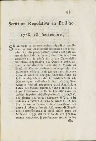 Scrittura Regolative in Pristino. 1788. 18. Settembre.