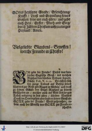 Vielgeliebte Glaubens-Genossen! Werthe Freunde in Christo!
