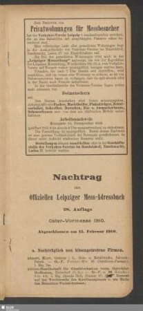 Nachtrag zum Offiziellen Leipziger Mess-Adressbuch 28. Auflage Oster-Vormesse 1910