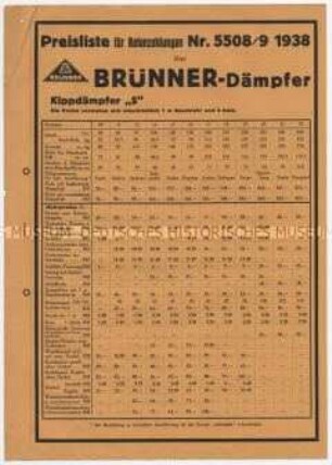 Preisliste für Ratenzahlungen Nr. 5508/9 1938 über Dämpfer