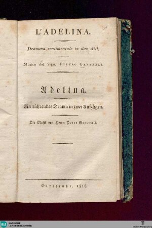 L' Adelina : Dramma sentimentale in due atti