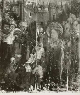 Anbetung der Jesuskindes durch die Könige : Lugau/Erzgebirge. Teil eines Altarflügels (Rückseite), sichergestellt in Lugau, während der Restaurierung, nach Abnahme der Übermalungen, Februar 1955
