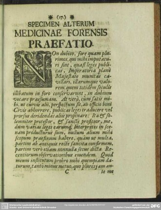 Specimen Alterum Medicinae Forensis