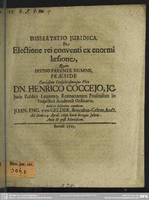 Dissertatio Iuridica, De Electione rei conventi ex enormi laesione