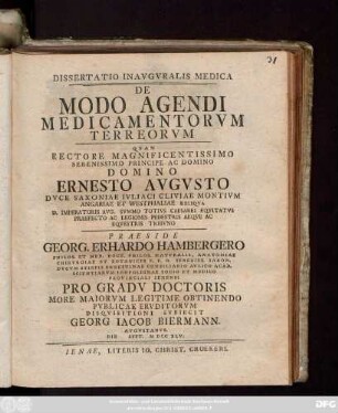 Dissertatio Inavgvralis Medica De Modo Agendi Medicamentorvm Terreorvm : Die Sept. M.DCCXLV.