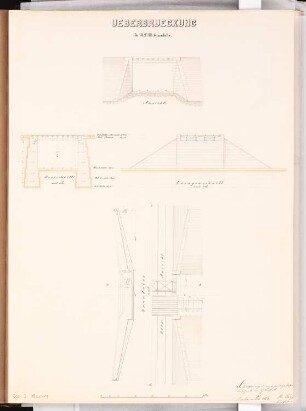 Verbindungsbahn für Berlin Schinkelwettbewerb 1865: Brücke: Grundriss (5 Ebenen), Aufriss Ansicht, Längsschnitt, Querschnitt; Maßstabsleiste
