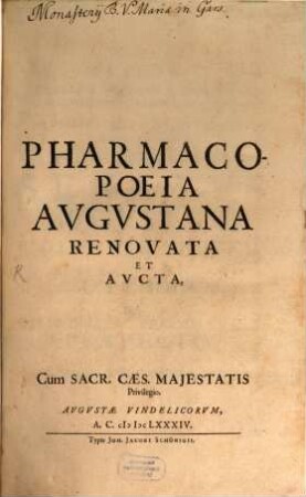 Pharmacopoeia Avgvstana Renovata Et Avcta