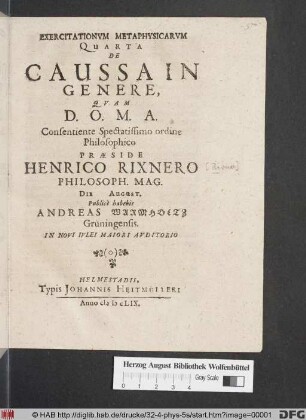 Exercitationum Metaphysicarum Quarta De Caussa In Genere