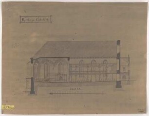 Liebstadt, Stadtkirche, Längsschnitt : Liebstadt, Stadtkirche, Längsschnitt, Plankopie mit Federskizze zum Patronatsgestühl der Herren von Carlowitz, Richard Steche, um 1890. Feder/Papier. 44,6 x 58 cm. Bez.: "Kirche zu Liebstadt Schnitt A - B." Maßstab mit Maßeinheit "Meter" (20 Meter=20 cm).