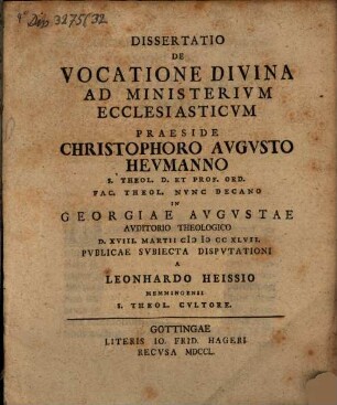 Diss. de vocatione divina ad ministerium ecclesiasticum