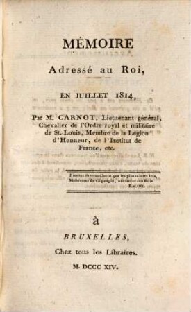 Mémoire adressé au roi, en juillet 1814