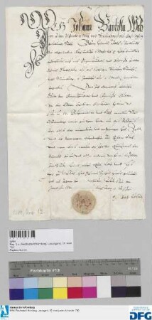 Johann Baptista Weber zum Pisenberg, Roetz und Krumbach, kaiserlicher Geheimer Rat, stellt der Stadt Nürnberg Quittung aus über 550 fl. Stadtsteuer.