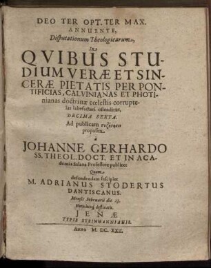 ... Disputationum Theologicarum ... Decima Sexta.