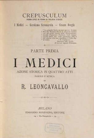 Crepusculum : poema epico in forma di trilogia storica, 1. I Medici : azione storica in quattro atti
