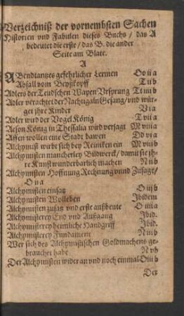Verzeichniß der vornembsten Sachen Historien und Fabulen dieses Buchs ...