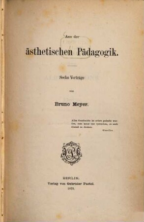 Aus der ästhetischen Pädagogik : sechs Vorträge