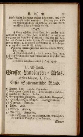 II. Abschnitt. Grosser Landkarten-Atlas. = Atlas Major. I. Tom. - Supplementen-Band. = Tomus Supplementorum.