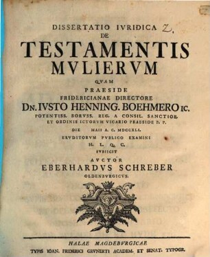 Dissertatio Ivridica De Testamentis Mvliervm